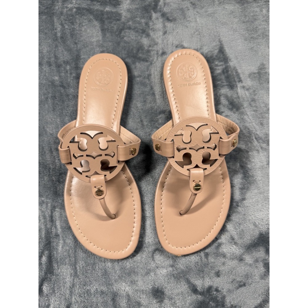 Tory Burch Miller Sandals Women 8.5M Blush Nude Leather Logo Thong Flats